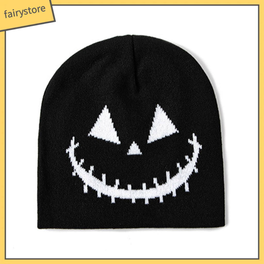 Fairystore| Jacquard Pattern Wool Knitting Hat Halloween Pumpkin Hat Spooky Pumpkin Ghost Face Halloween Beanie Hat for Men and Women Warm Wool Knit Holiday Festive Hat Windproof