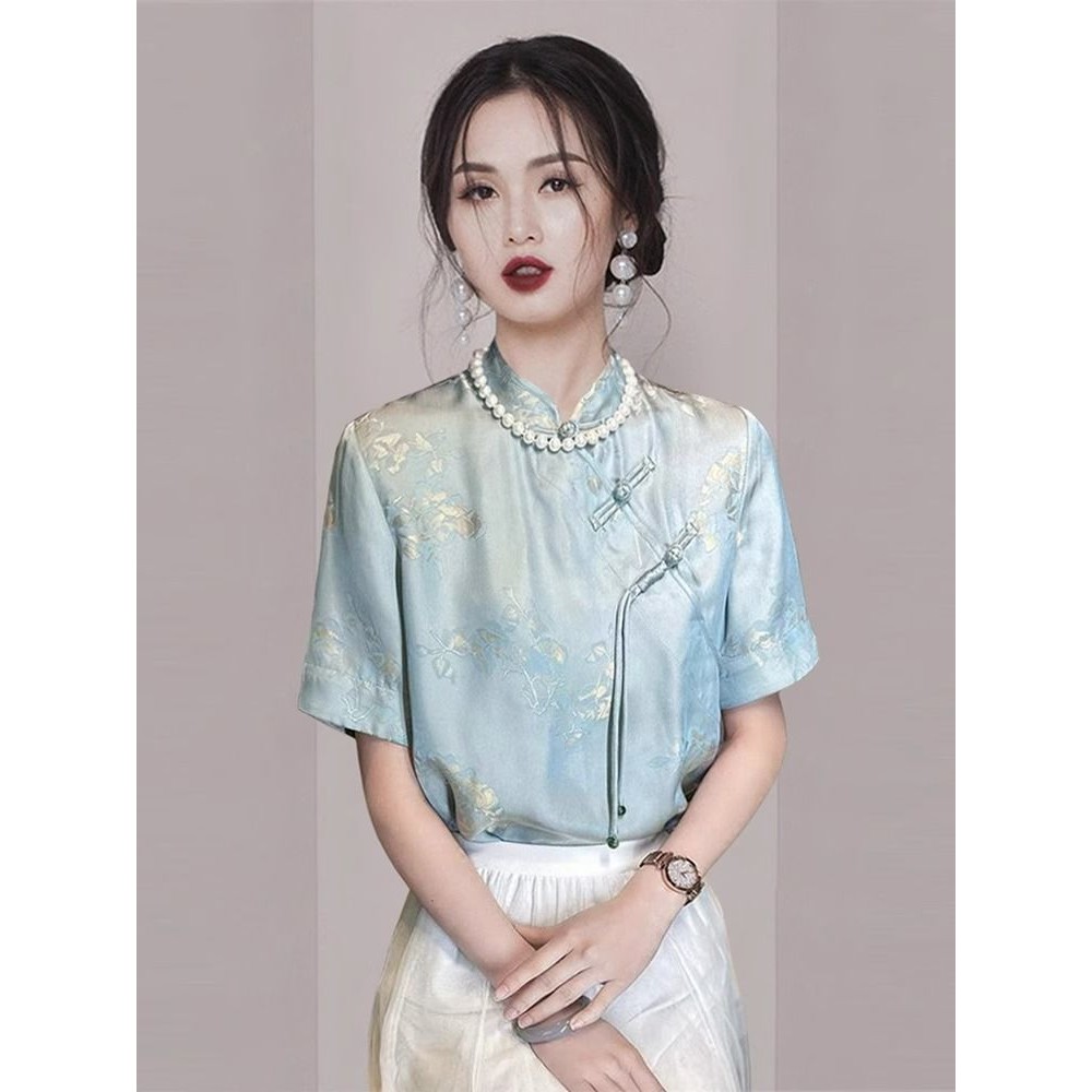 New Chinese Style National Style High-End Feeling Blue Shirt 2024 Celebrity Classy Disc Button Stand-Up Collar Short