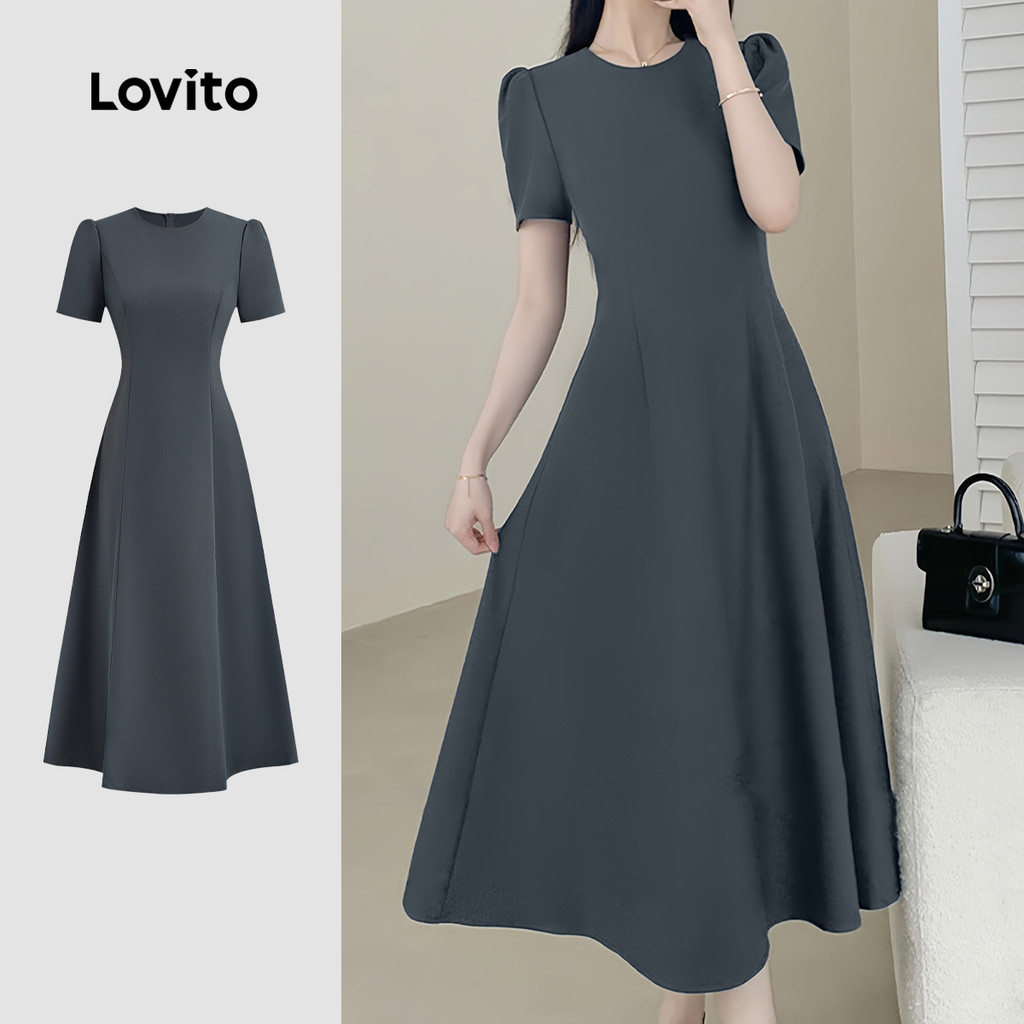 (New) Lovito Elegant Dress Draped Commute Texture Spring/summer Grey Dress for Women L144AD090 (New) Lovito Gaun Elegan Berpeluk Tekstur Perpindahan Musim Bungkus Musim Bawar Kelabu L144AD090