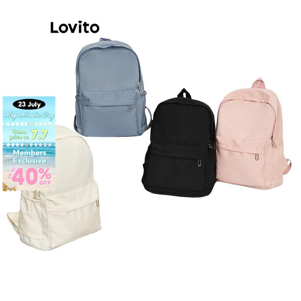 Lovito Preppy Plain Colorblock Double Shoulder Strap Multi-pocketed Backpacks L41BA05 (White/Pink/Blue/Black) Preppy Polos Colorblock Tali Bahu Ganda Multi-saku Ransel L41BA05 (Putih/Berwarna Merah Muda/Biru/Hitam)