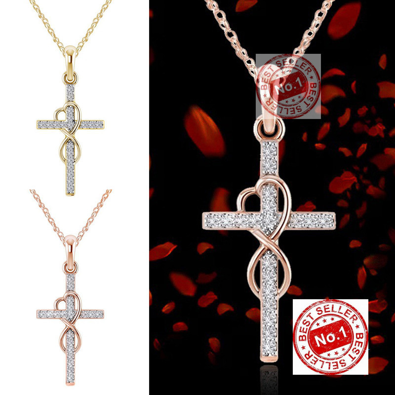 MC#Women Rose Gold Necklace Infinity Love God We Trust Christian Cross Necklace Diamond Necklac Rhinestone Pendant Neckl