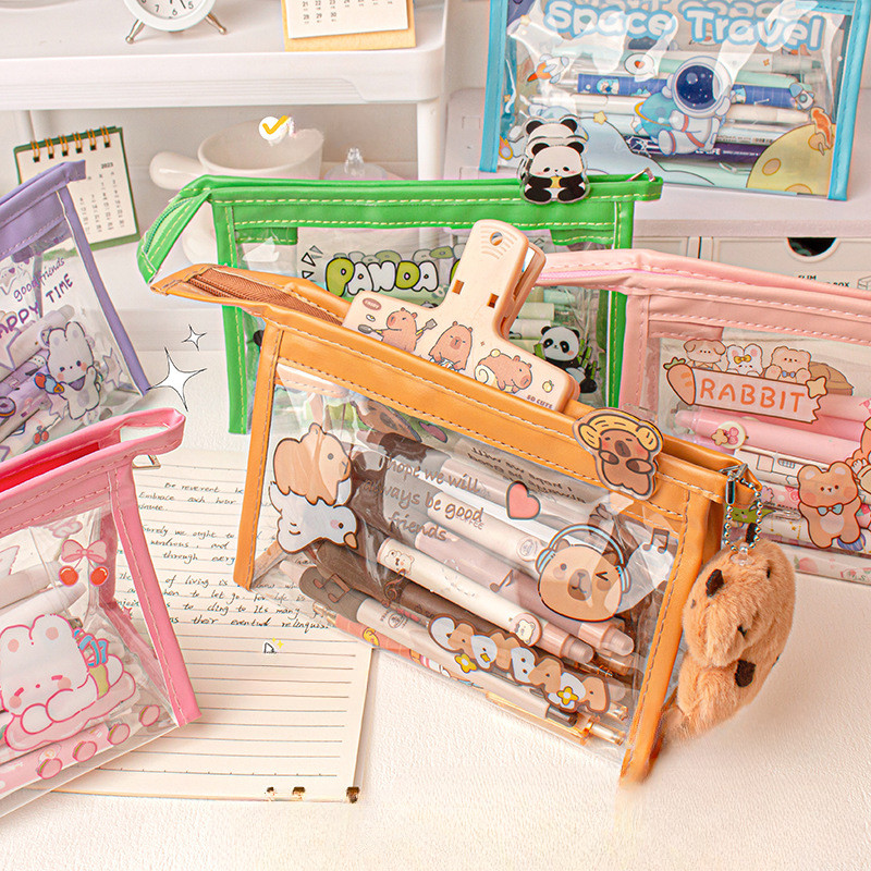 Cartoon transparent triangular pencil case, student cute large capacity stationery bag