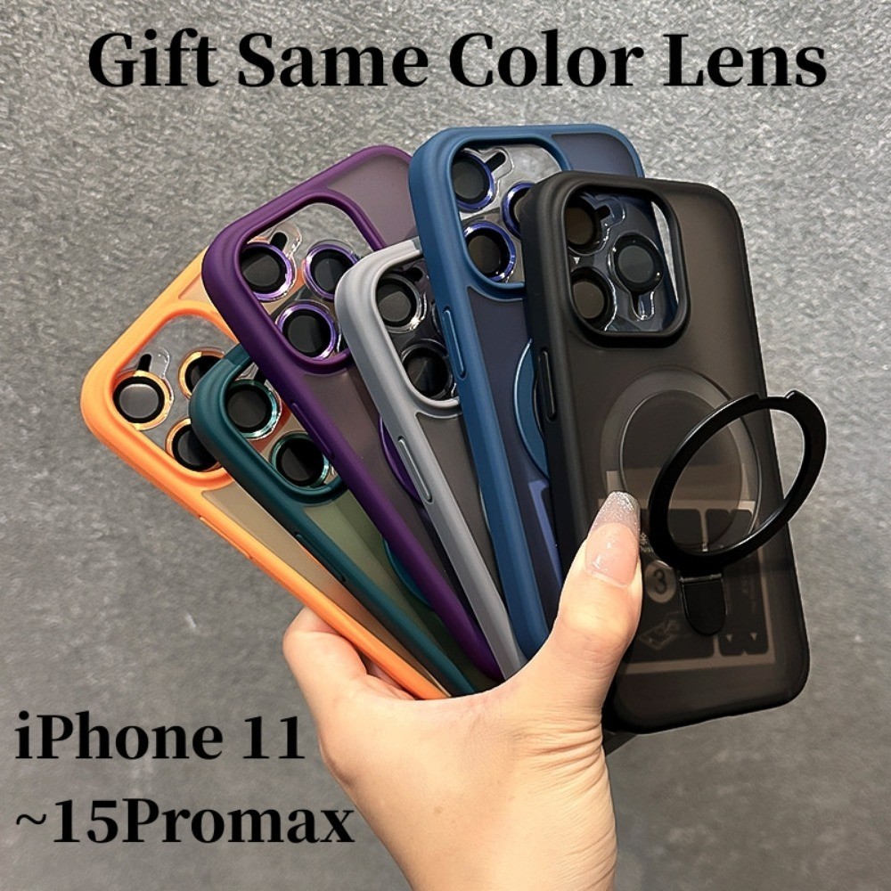 Luxury Hidden Magnetic Stand Phone Case For iPhone 16 11 12 13 14 15 Pro Max 14Plus 15Plus 16Plus Camera Protect Lens Film Metal Rotation Bracket Matte Anti Fingerprint Back Cover