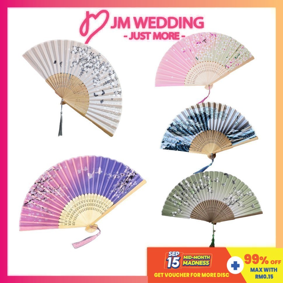 21cm Elegant Floral Natural Wood Bamboo Hand Fan Kipas Tangan Lipat Buluh Corak-Print Fans Doorgift