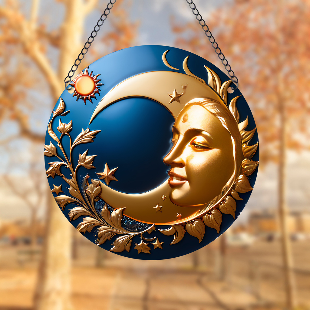 1pc Retro Sun And Moon Suncatcher Wall Sign Muslim Window Decor Stained Acrylic Window Hanging Decor Room Decor Ramadan Decoration Eid Decor Garden Decor Bedroom Wall Decor Gift