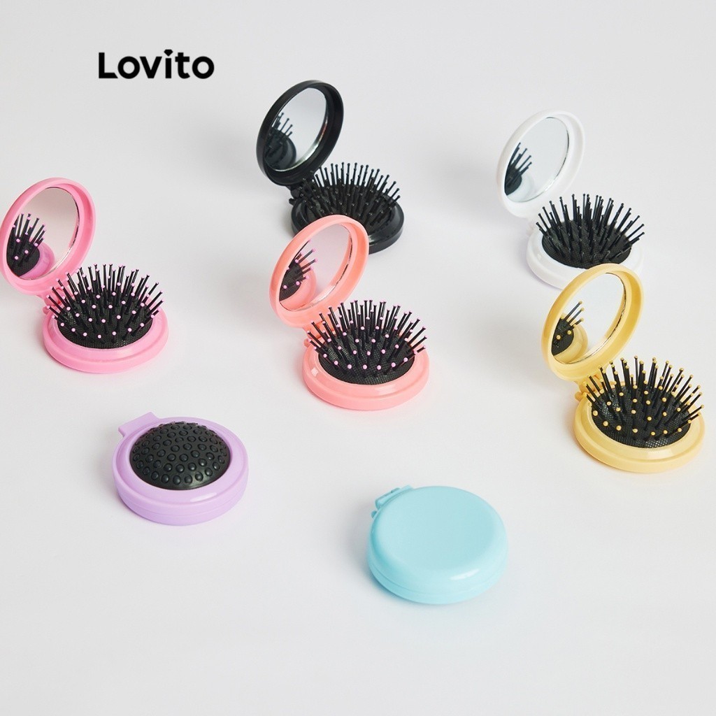 Lovito Round Folding Hair Brush Mini Hair Comb Mirror Compact Hair Massage Comb for Women L48MU007(1/2/3/4/5/6/7) Sisir Pijat Rambut Lipat Bulat Mini Cermin untuk Wanita