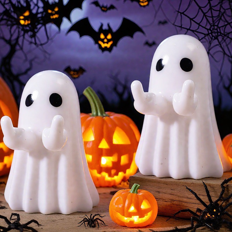 4Pcs Halloween Middle Finger Ghost Ornaments - Mini White Ghost Statue - Small Scary Ghost Figurines - Tabletop Ornament - Home Decor - Resin Process Sculpture