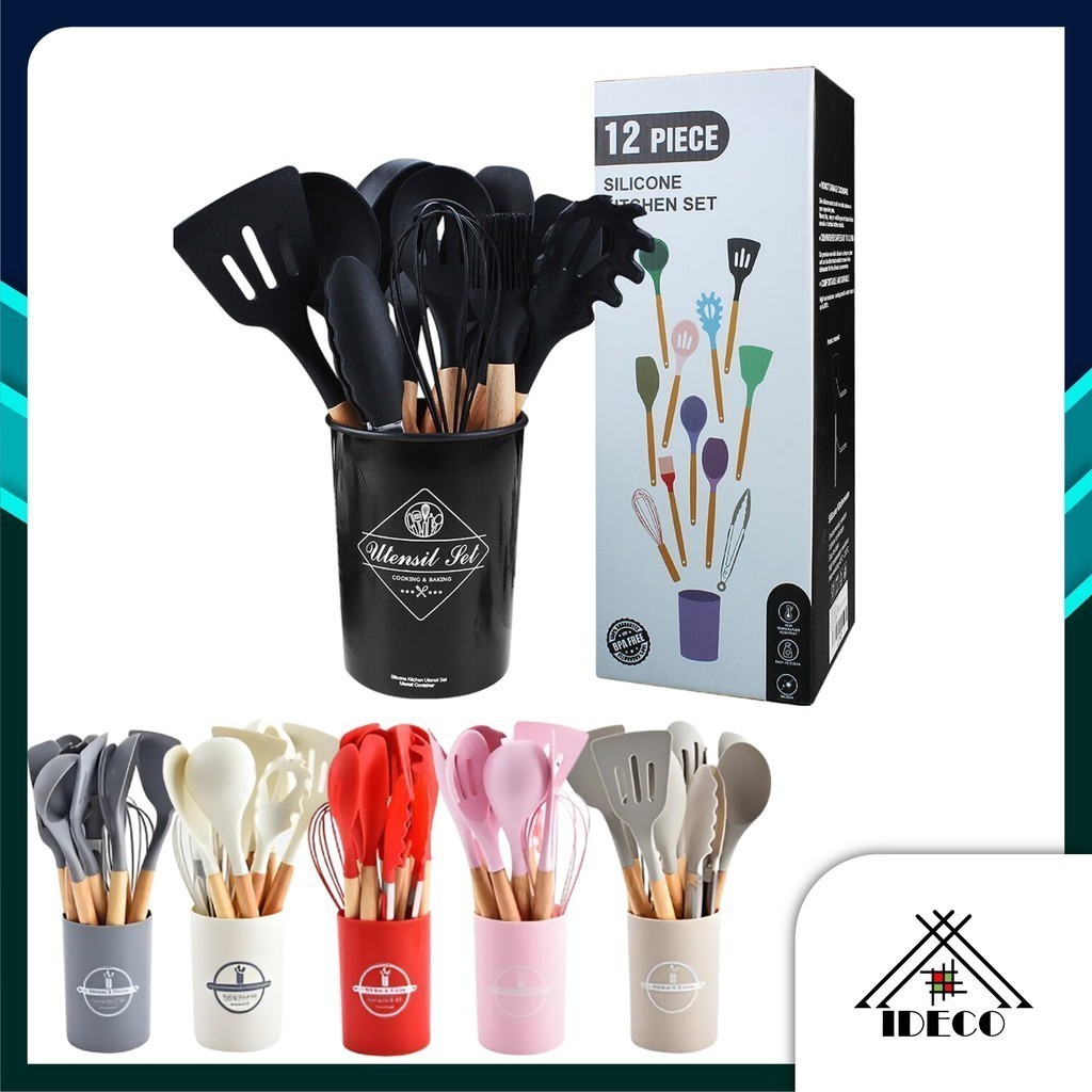 iDECO™ 12PCS Silicone Cooking Utensils Wood Handle Non Stick Cooking Tools With Storage Box Kitchen Tools Senduk Viral