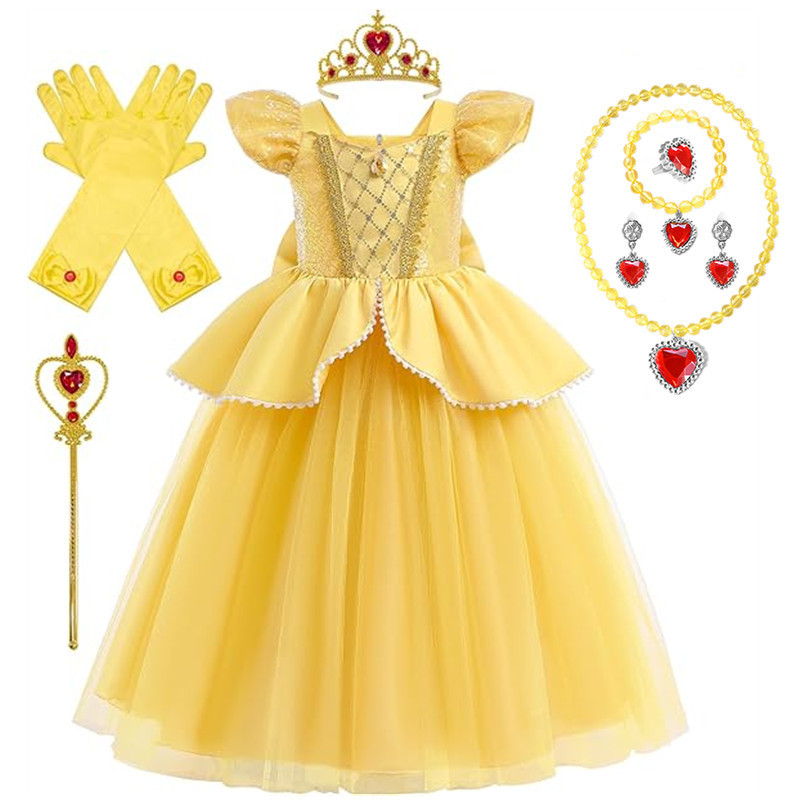 Girls Yellow Sequin Princess Dresses Children Disguise Cosplay Belle Costume Beauty and The Beast for Carnival Halloween Birthday Party