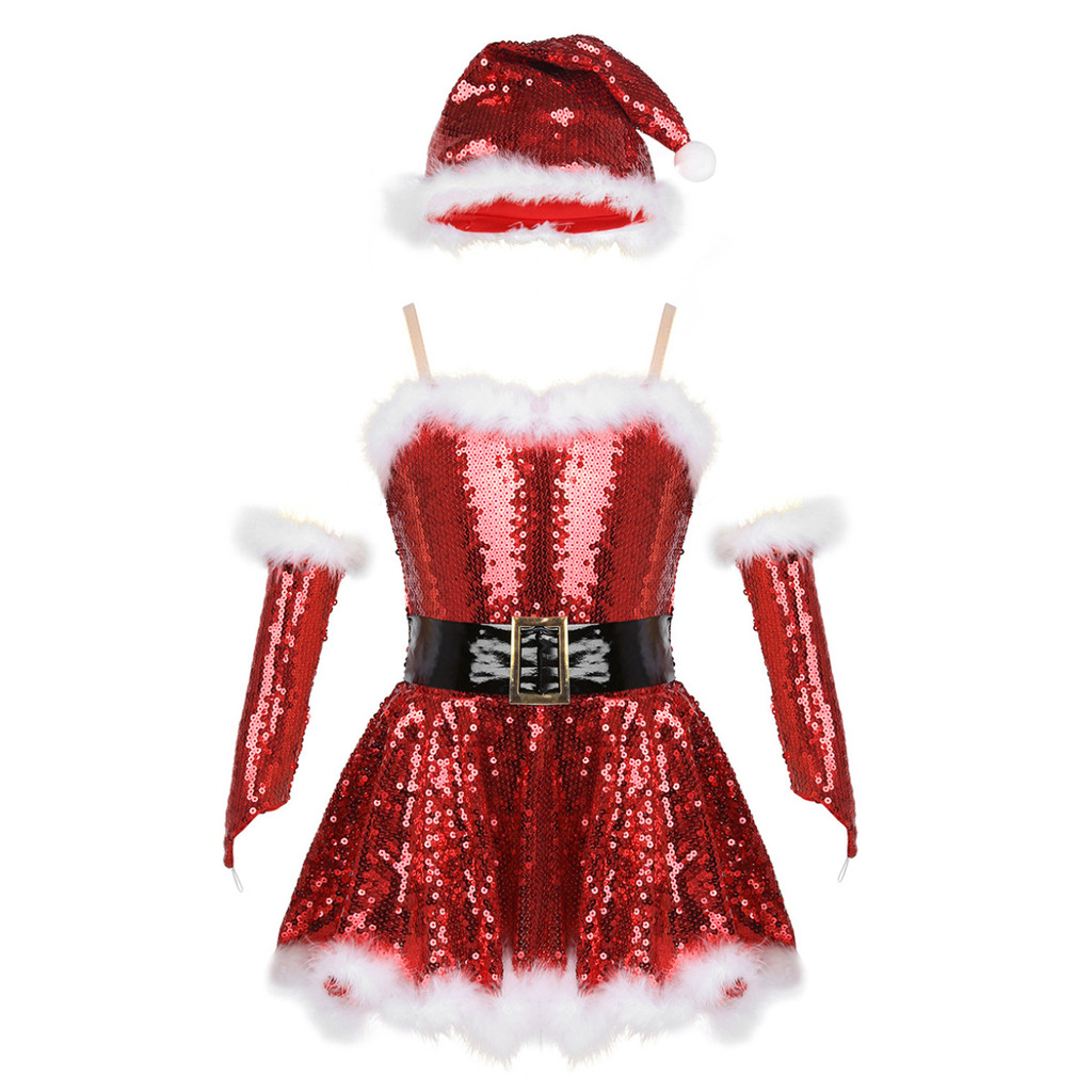 Kids Girls Christmas Santa Dance Costume Outfit Sequins Figure Ice Skating Ballet Dance Leotard Dress with Hat Arm Sleeves Set