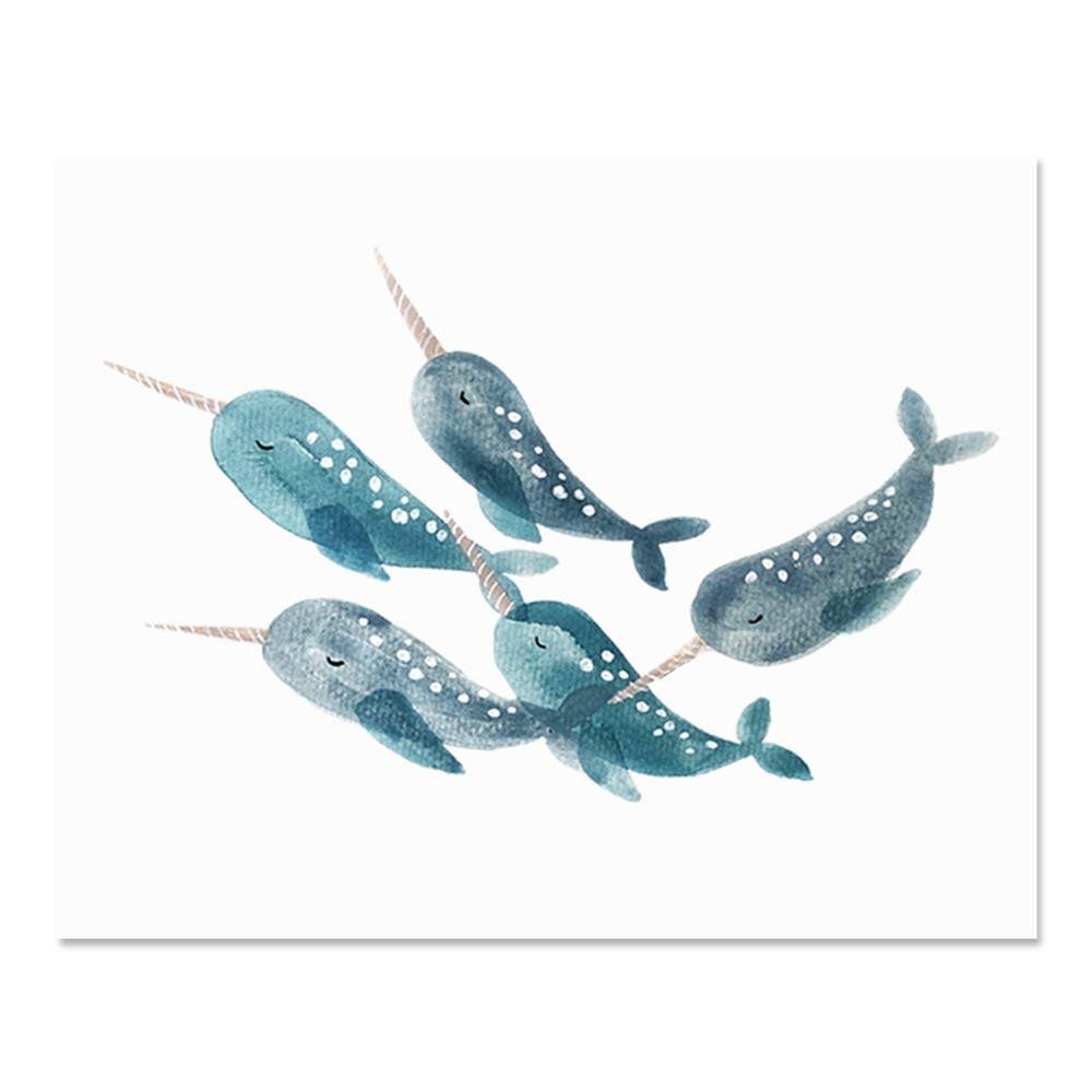 Narwhal Art Print Beautiful Ocean Sea Life Inspiration Watercolor Wall Art Peaceful Happy Underwater Landscape Blue Narwhales Wall Decor Marine Tropic