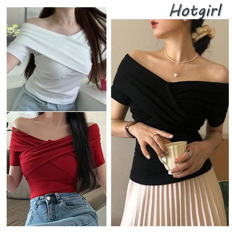 【READY STOCK AT Johor】 Hotgirl⭐Off-shoulder T-shirt for women with short sleeves Hot Girl Cross-over Off-shoulder Top