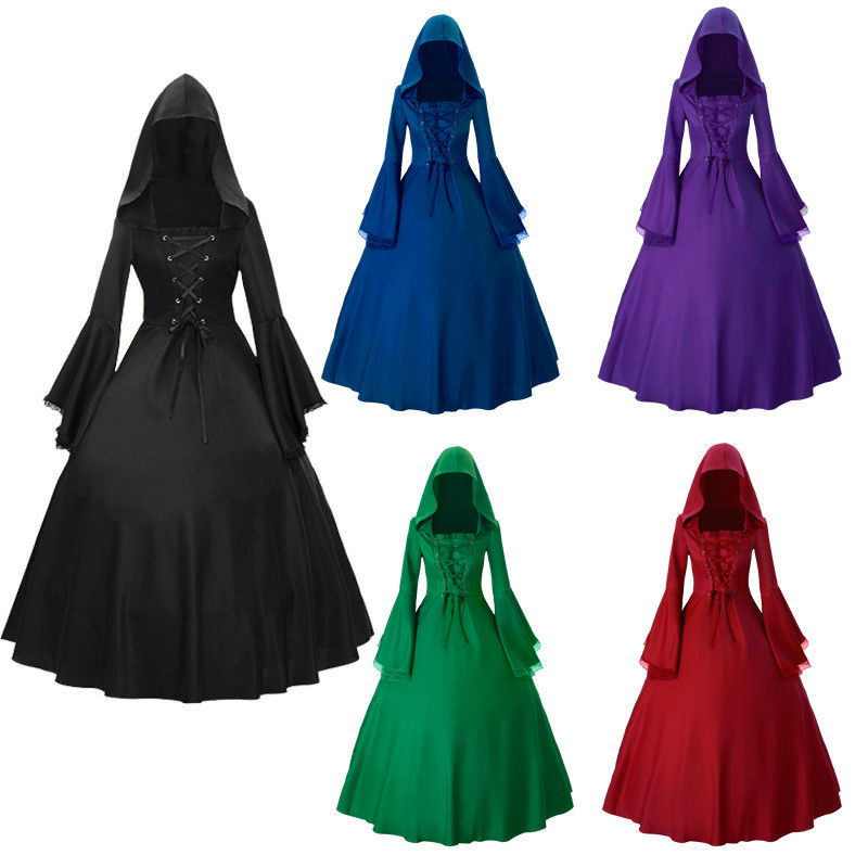 Halloween Women'S Costume Drawstring Corsetdress Trumpet Sleeves Maxi Dress Medieval Court Attire