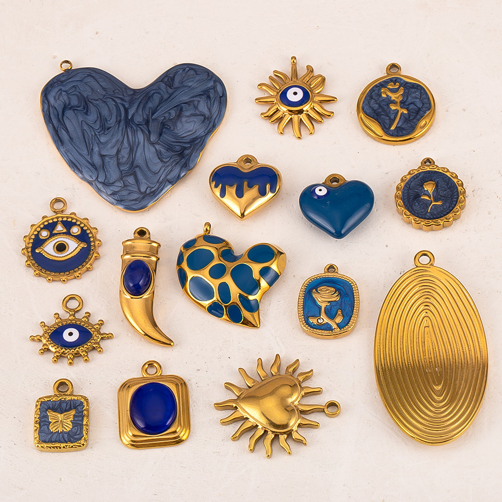 2pcs Stainless steel oil drop pendant deep sea blue series devil's eye Badge sun DIY bracelet necklace earrings jewelry making