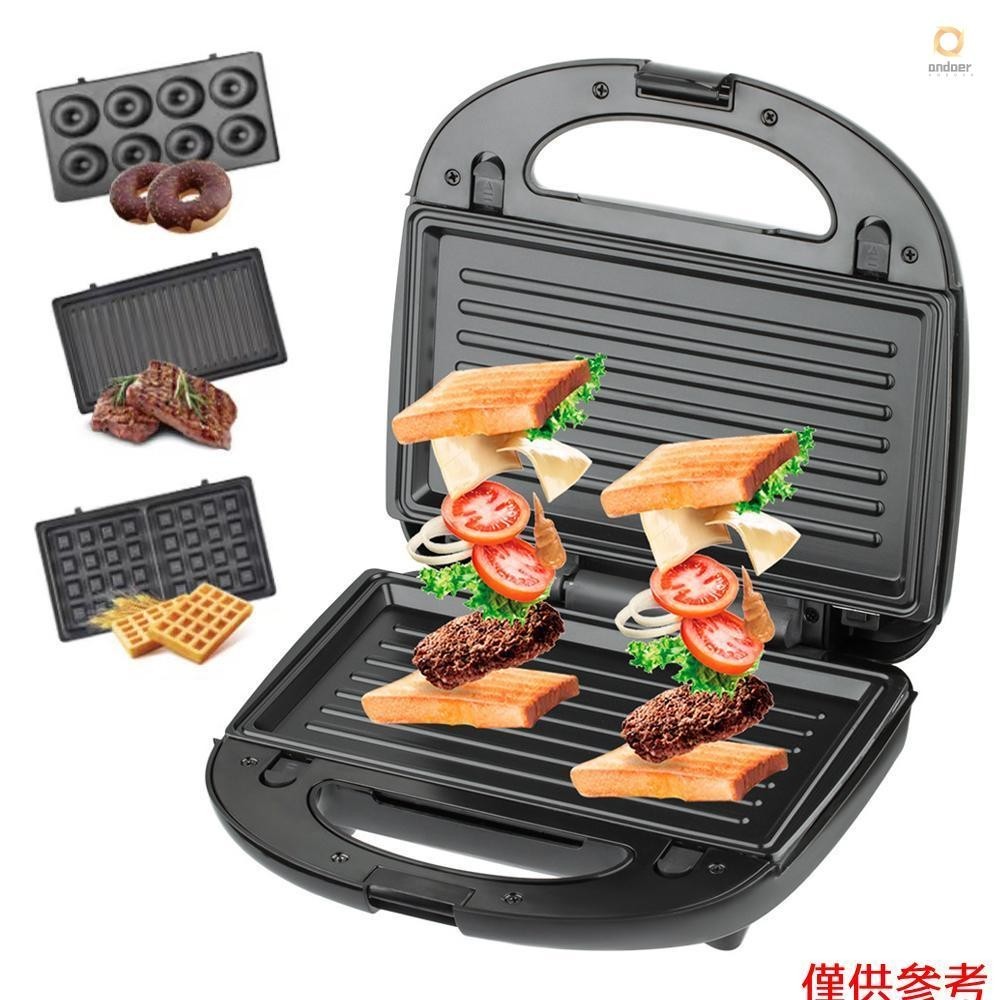 3 in 1 Electric Sandwich Maker Breakfast Machine with 3-set Removable Non-stick Plates Double-Sided Heating Waffle Maker Donut Maker Panini Press Grill