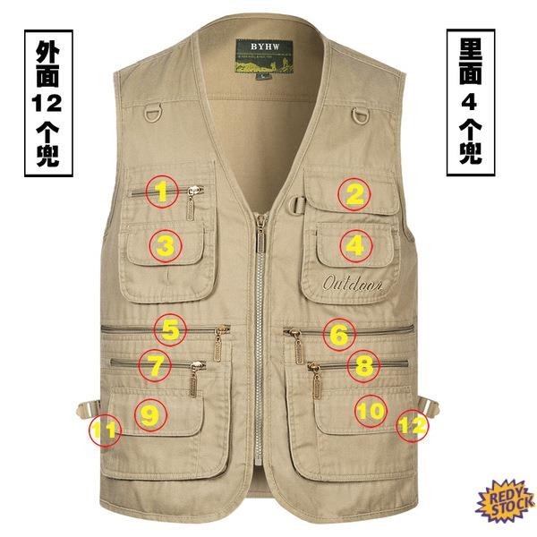 ✨Ready Stock✨ baju lelak Pakaian luaran Spring and autumn men's outdoor shoulder photography fishing multi-pocket middle-aged and elderly vest plus fat plus size cargo vest