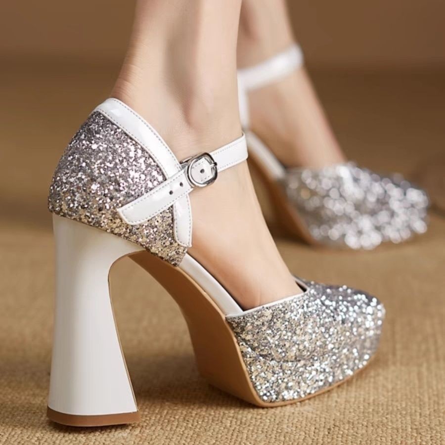 Chunky Heel Silver Waterproof Platform Sandals for Petite Women