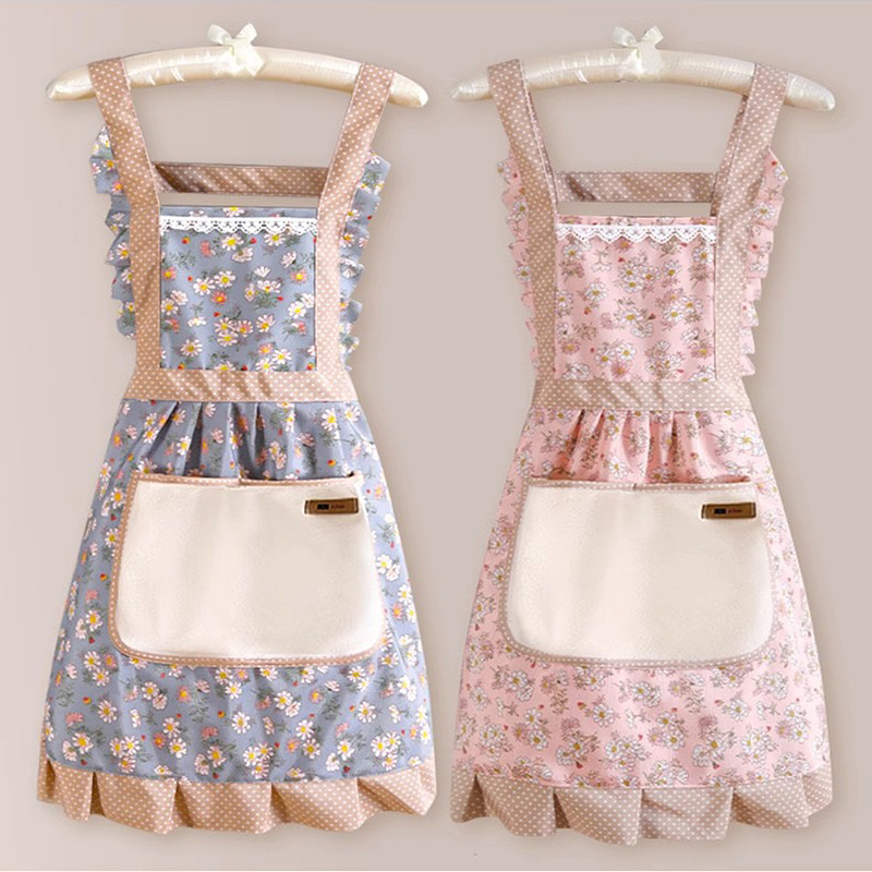 Pink Lace Apron Kitchen Apron Korean Style Household Kitchen Pocket Apron Women Cute Apron Cotton Baking Workwear