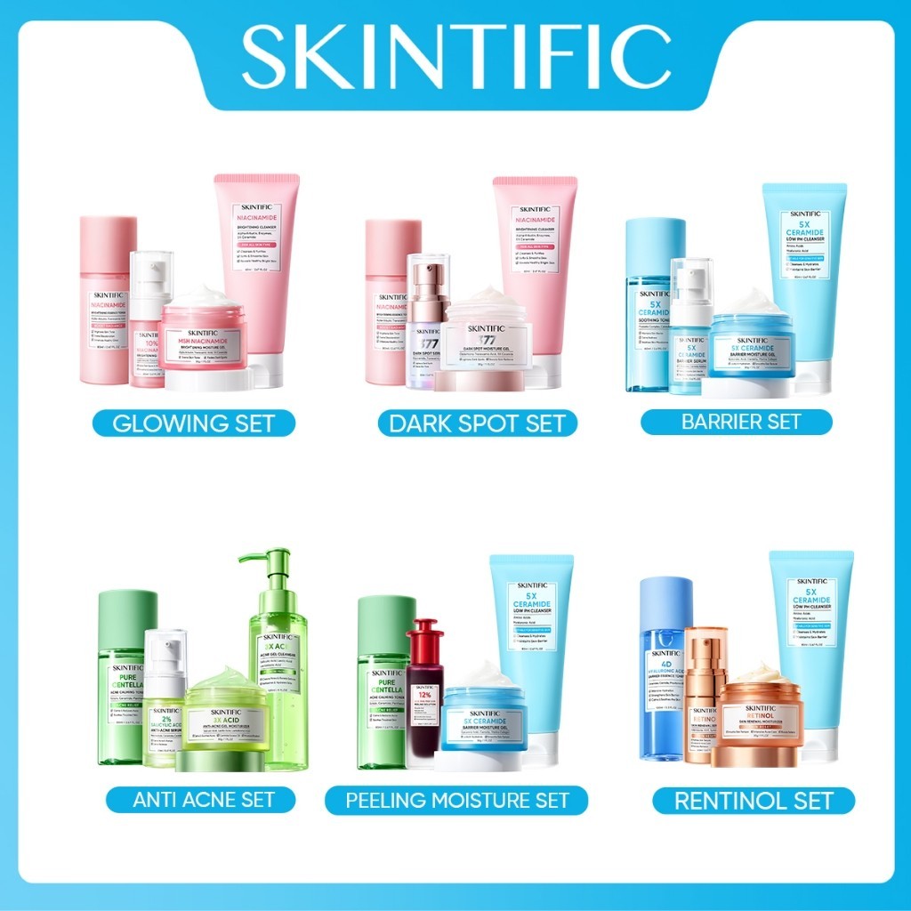 Skintific 4PCS Complete Skincare Package with Serum - Low pH Cleanser & Barrier Repair Moisture Gel & Exfoliating Peeling Rantiol & Niacinamide Brightening& Acid Anti Acne & Soothing Toner & Barrier Repair Serum & Anti Dark Spo