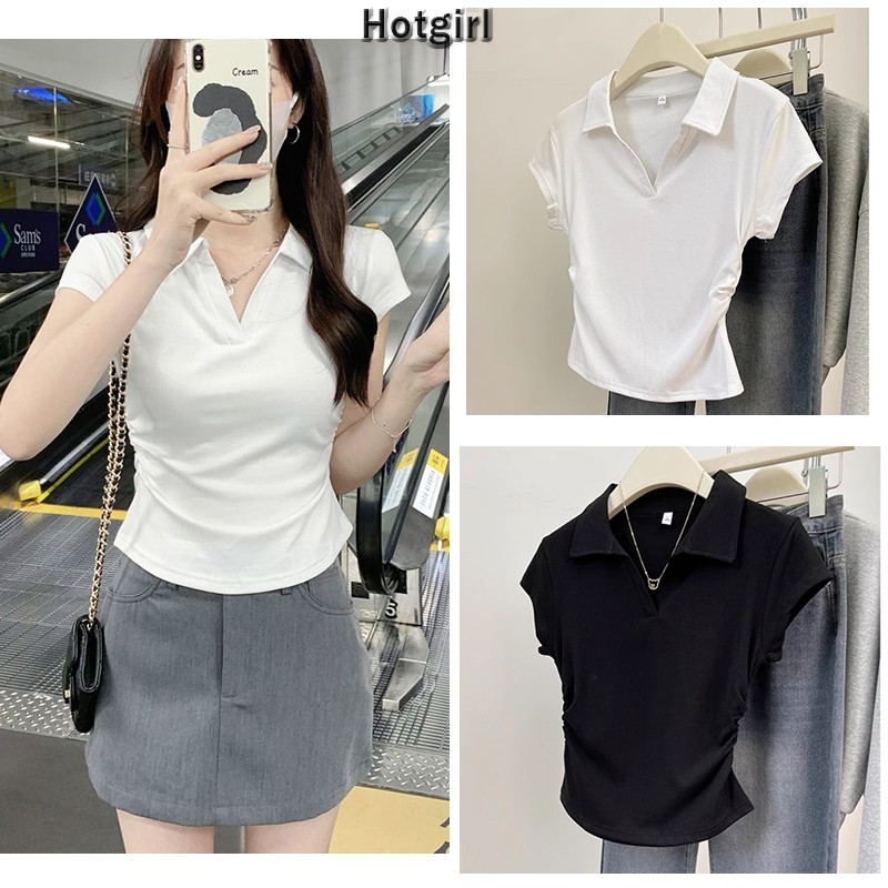 【READY STOCK AT  Johor】 Hotgirl⭐Preppy Polo Neck Pleated Slim Fit Tee Women's Slim Fit Top