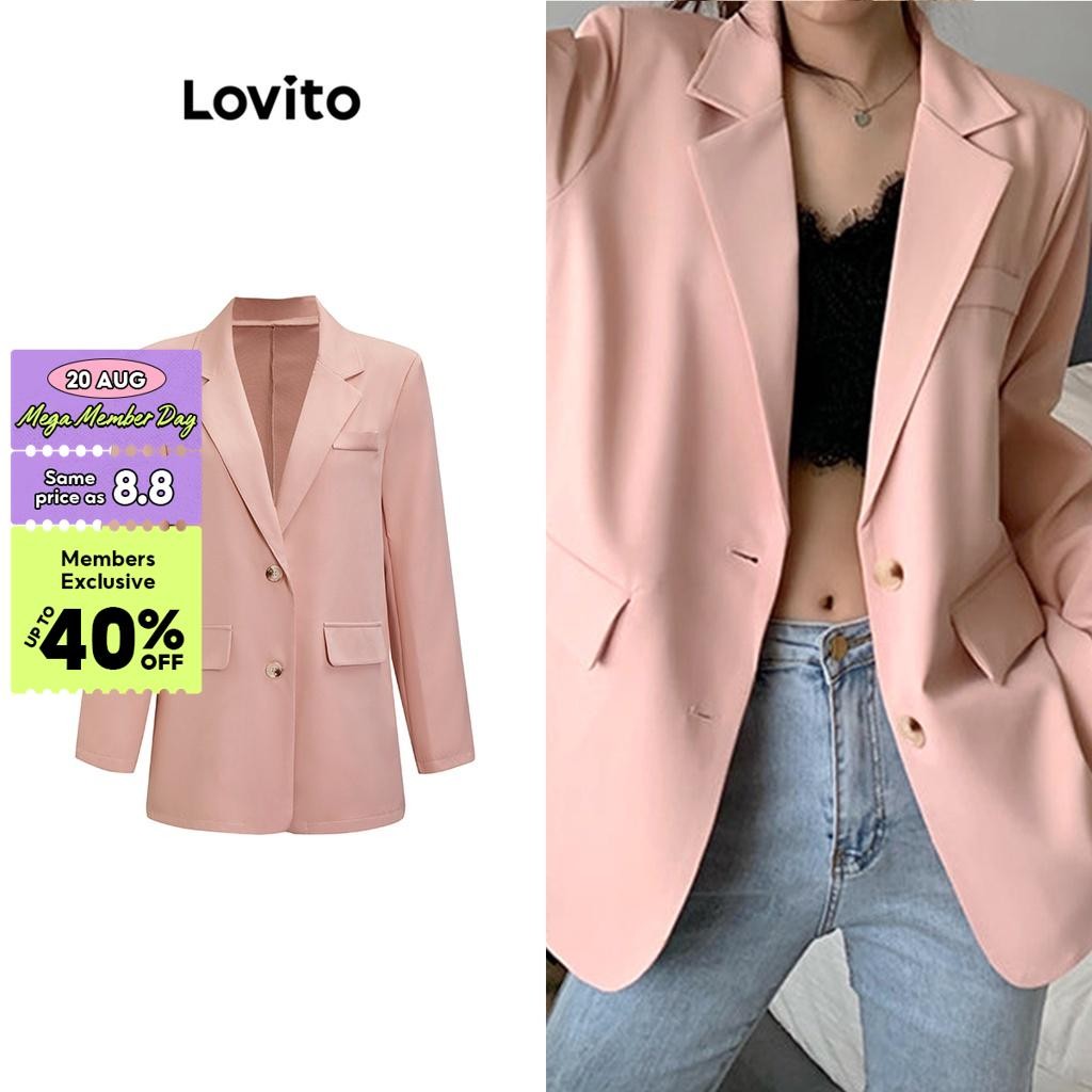 Lovito Casual Plain Oversized Shoulder Pads Blazer For Women L71ED079 (Black/Green/Off White/Pink) Lovito Blazer Bantalan Bahu Oversized Polos Kasual untuk Wanita