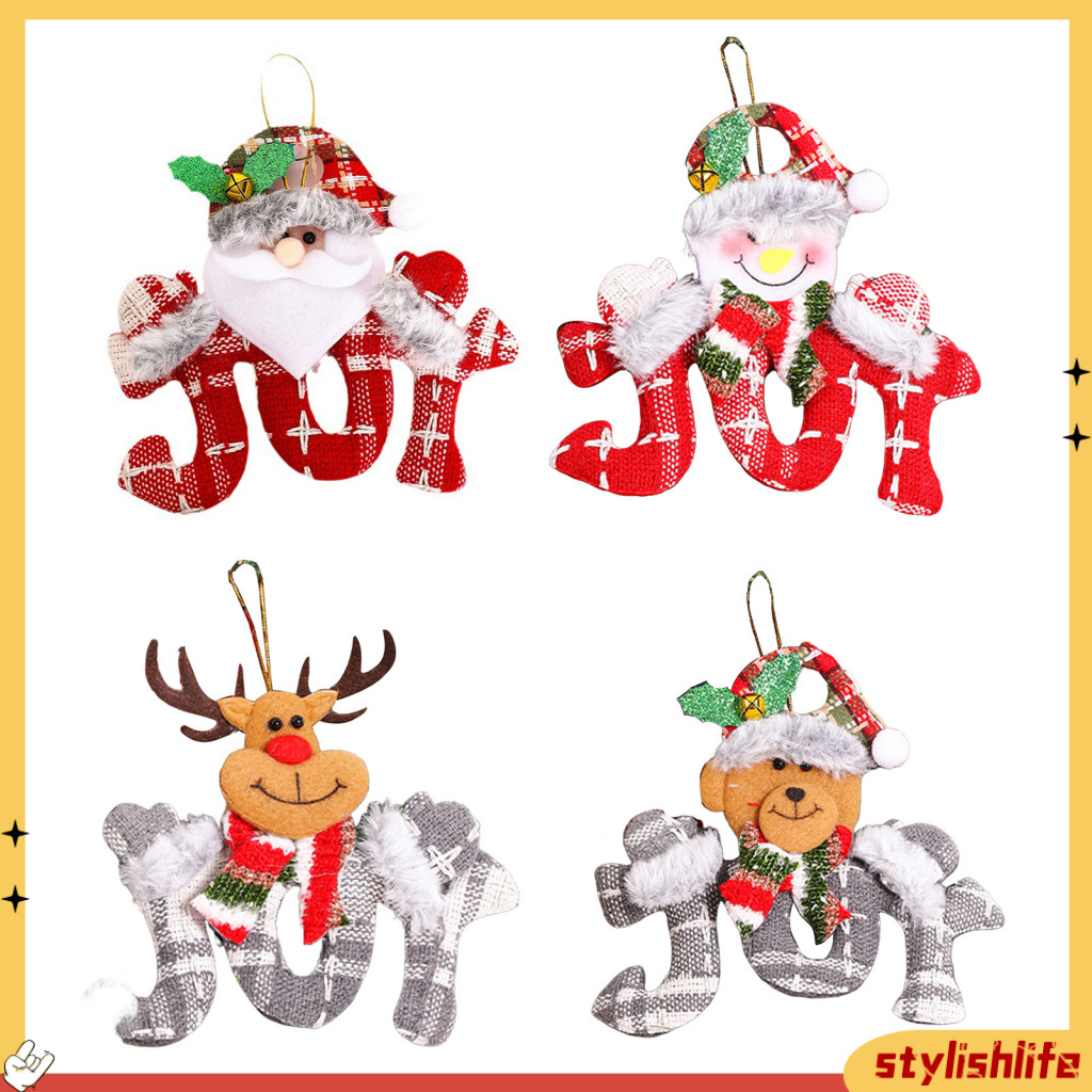 [stylishlife] Holiday Decor Supplies Christmas Decoration Pendants Joyful Christmas Tree Decorations Set of 4 Reusable Pendants Letter Elk Snowman and Bear Shapes for Festive New