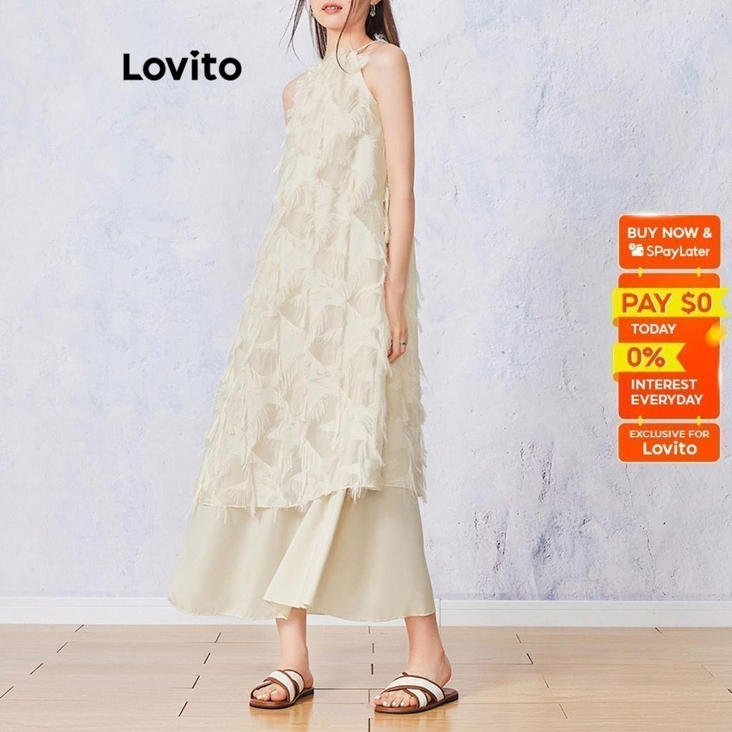 Lovito Boho Plain Tie Back Feather Dress for Women L53AD104 (Apricot) Lovito Gaun Bulu Punggung Polos Boho Untuk Wanita