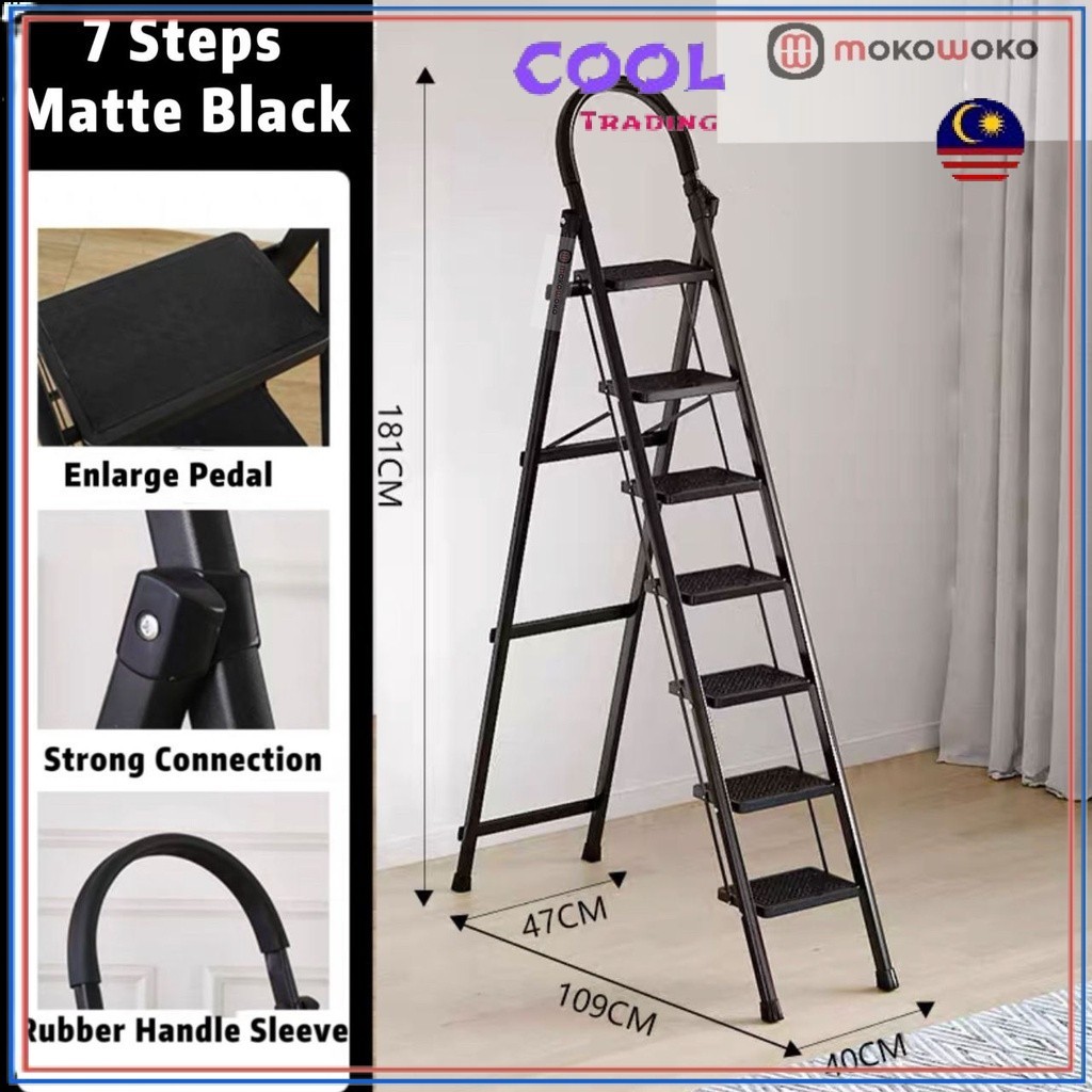 Black Folding Ladder 4 / 5 / 6 / 7 Steps Foldable Household Strong Hold Steel Moving Move Rumah Lipat Tangga 1790