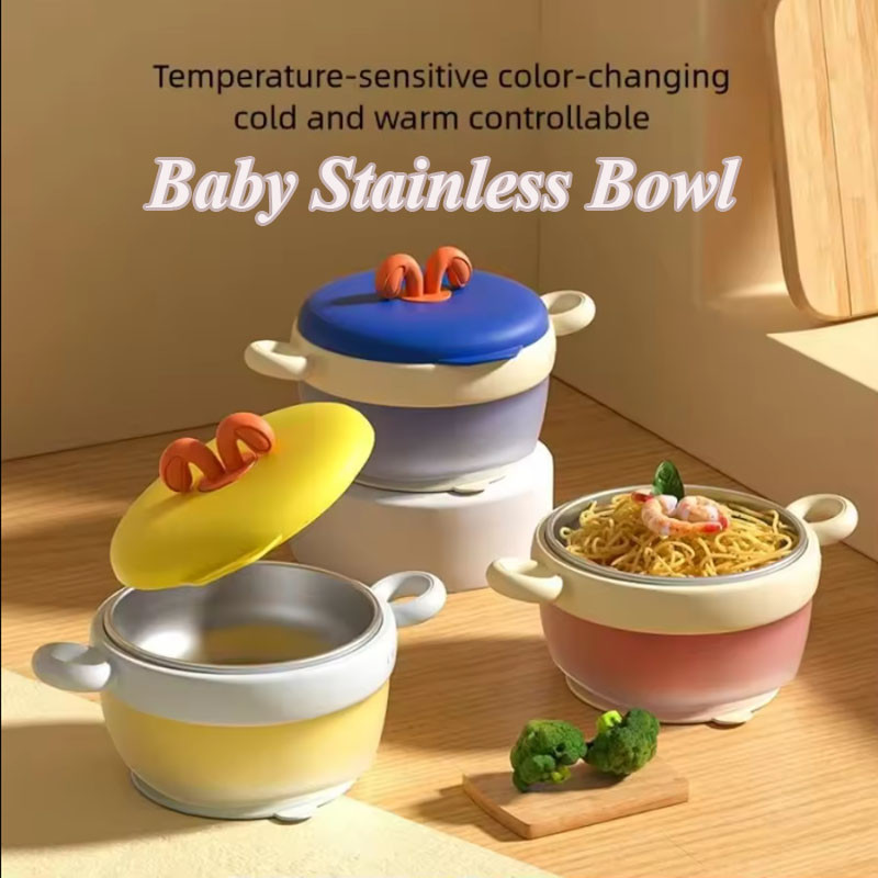 BPA Free Baby Insulation Bowl ,Kids Feeding Stainless Steel Temperature Sensing Bowl, Kids Dining Supplies Food Bowl