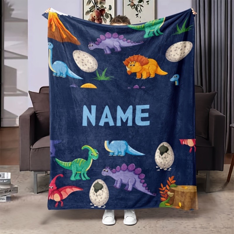 1pc Personalized Name Custom Dinosaur Pattern Blanket, Soft Plush Throw, Customizable Decor, Ideal For Bedroom And Playroom