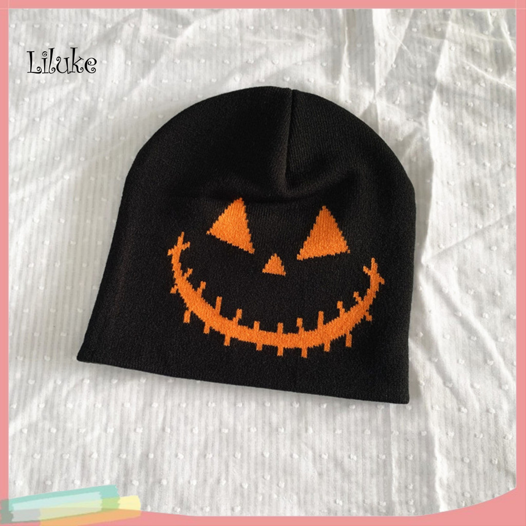 LK Halloween Pumpkin Hat Warm Holiday Festive Hat Spooky Pumpkin Ghost Face Halloween Beanie Hat for Men and Women Warm Wool Knit Holiday Festive Hat Windproof and Stylish