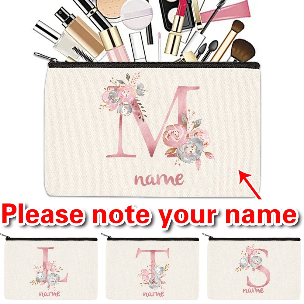 Customized Name Women Cosmetic Bag 26 Pink Letter Makeup Case Organizer Korean Travel Toiletry Bag Canvas Beauty Case