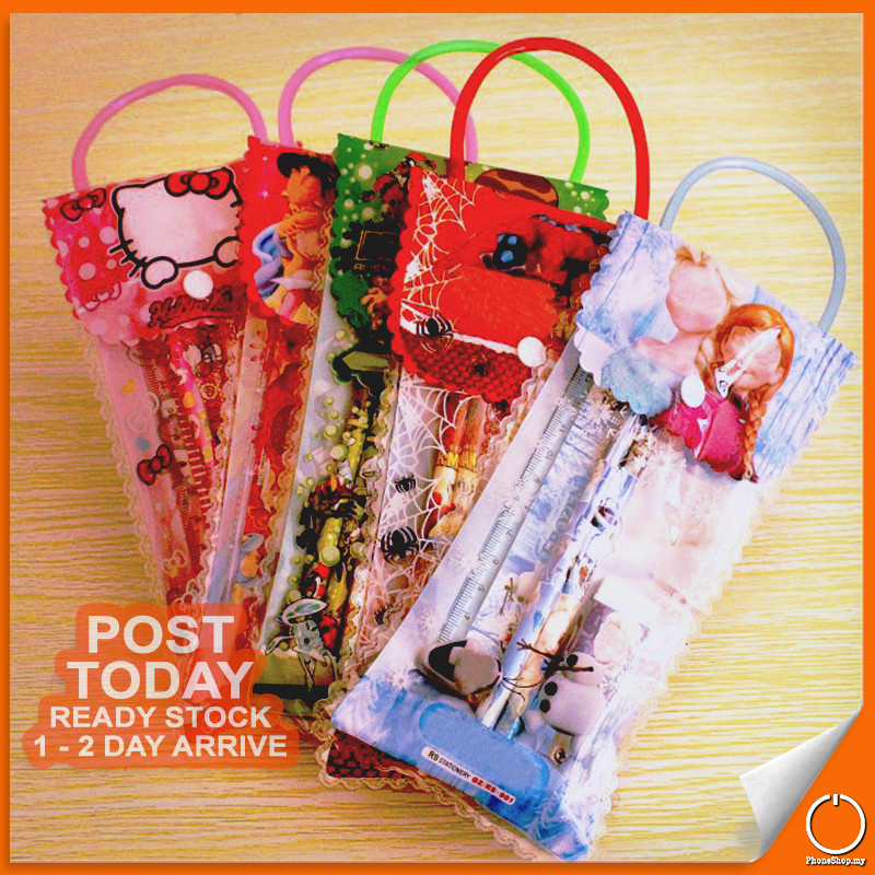 6 in 1 Cartoon Pattern Kids Party Bag With Stationery Set HB Pencil Ruler Eraser Sharpener Goodies Bag