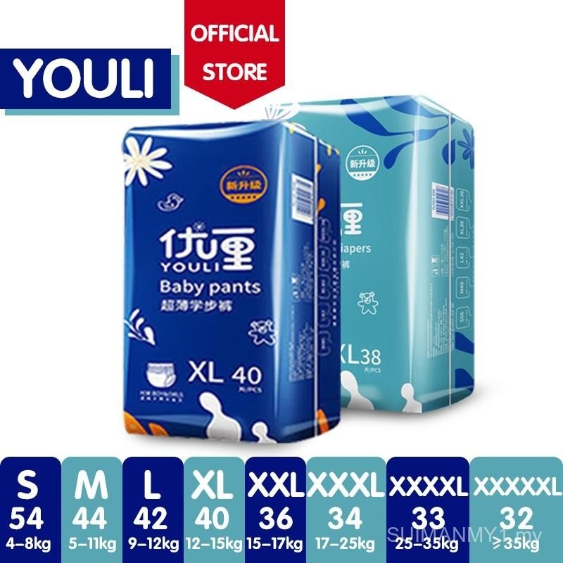 YOULI Baby Diaper Lampin Premium - M (44 Pcs)/L (42 Pcs)/XL (40 Pcs)/XXL (36 Pcs)/XXXL (34 Pcs)/XXXXL (33 Pcs)/XXXXXL(32 Pcs)