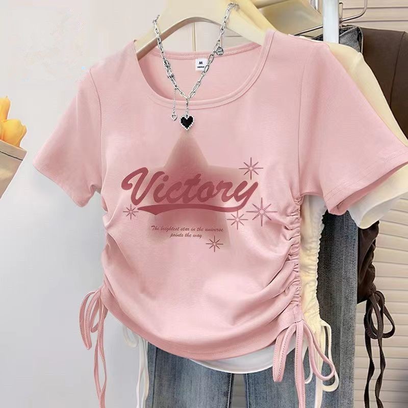 【Spots现货】短款女上衣2024夏季新款甜辣风露腰印花短袖体恤小众抽绳正肩T恤Short Women's Top 2024 Summer New Style Sweet and SpicyNew shorts