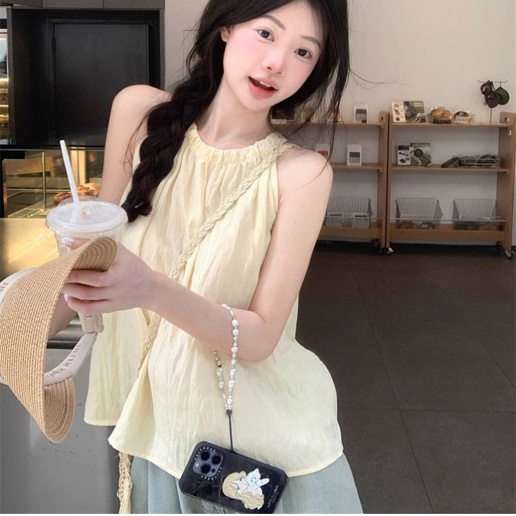 BH Summer Women yellow pleated halter sleeveless top round neck off shoulder loose version