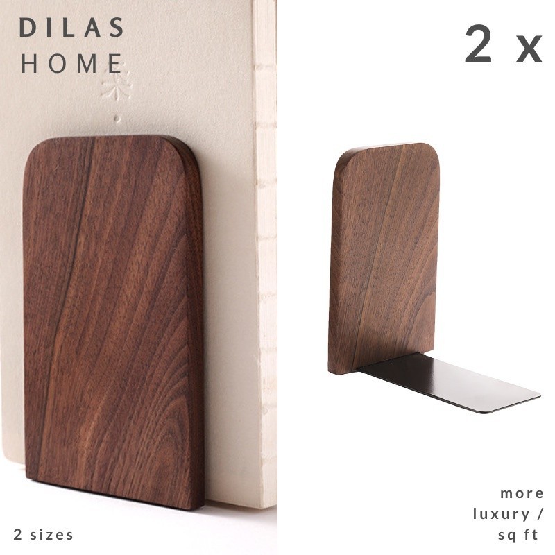 DILAS HOME 2pc Vintage Walnut Round Rectangle Wooden Metal Base Bookends Non-Slip Shelves Stand Holder Organiser Set