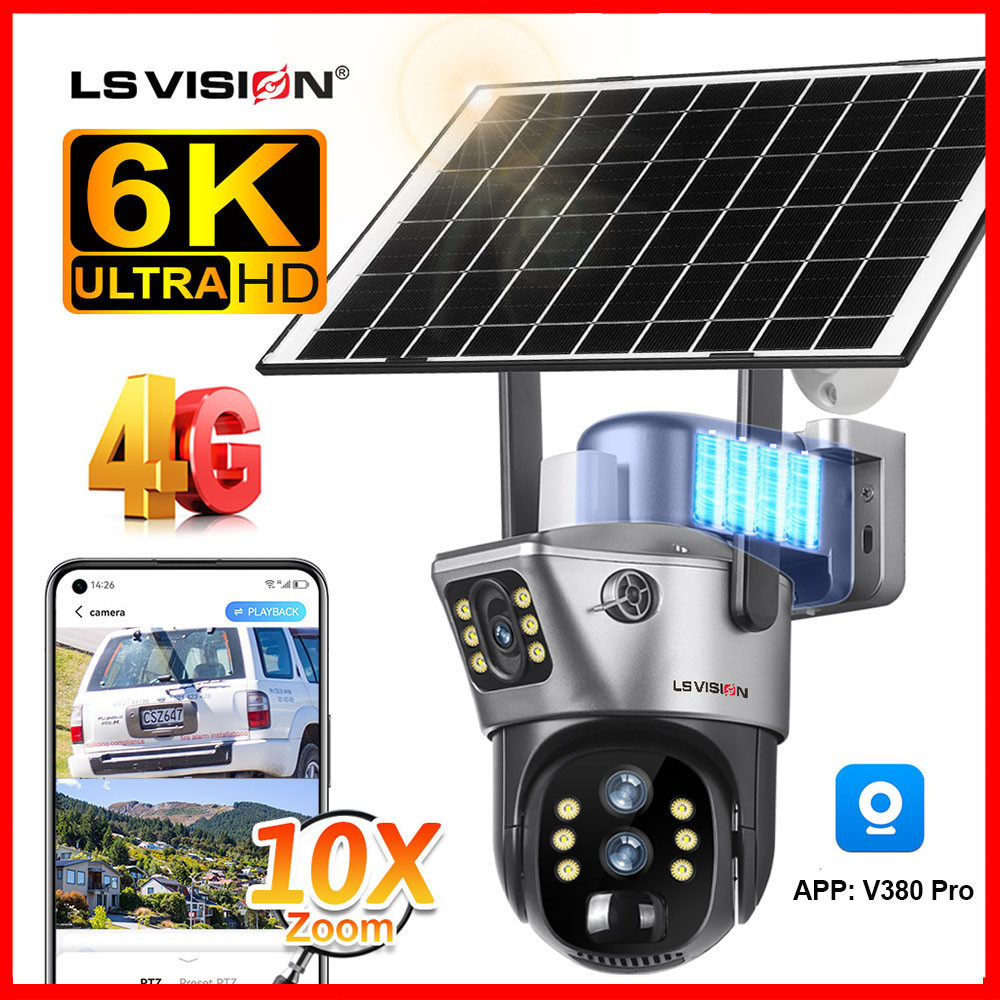 LS VISION V380 6K 12MP 4G Sim Card Dual Screens 10X Zoom Solar CCTV Camera Wireless Full Color Night Vision PTZ Security Camera IP66 Waterproof PIR +AI Detection IP Cameras