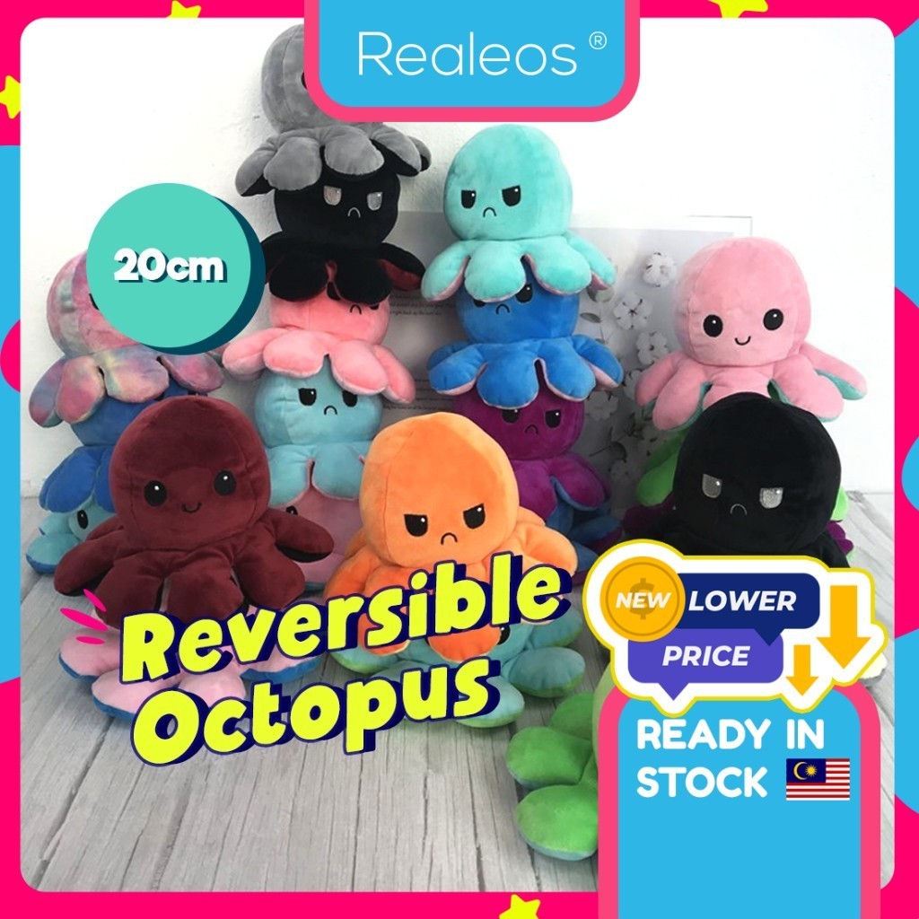 Realeos Flip Octopus Doll Reversible Plush Bipolar Plushie Stuffed Toys Gifts Baby Kids Patung Sotong - TB083