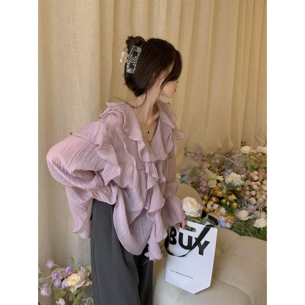 Yueyuejia Women's Clothing Online Straight Hair 2410 French Lazy Style Purple Chiffon v-Neck Shirt Women Summer Niche Ruffled Long-Sleeved Shirt Sunscreen Top