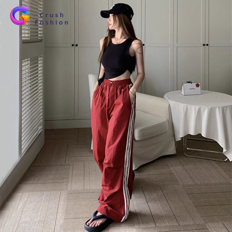 Crush Fashion American Style Side Stripe Summer Thin Paratrooper Pants for Women Loose Wide Leg Straight Street Dance Sports Cargo Pants