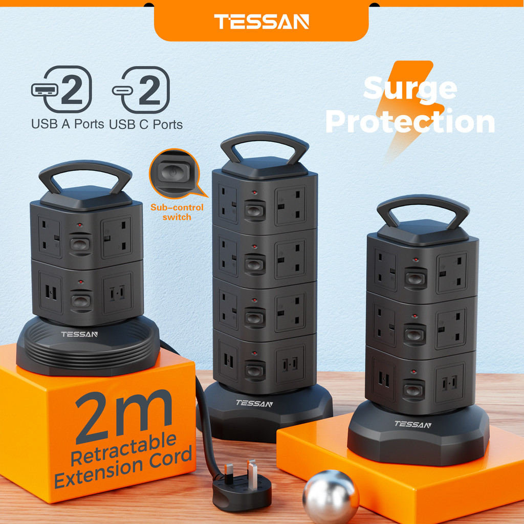 TESSAN Tower Extension Retractable Cord 2M Socket Adapter with USB Type C Multi Plug Extension Cord