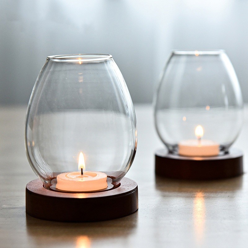 Retro Tealight Candle Holder Glass Candle Holder Windproof Candle Stand with Clear Lampshade & Wooden Base Candlesticks Candle Light Holder Tealight Candle for Desktop Home