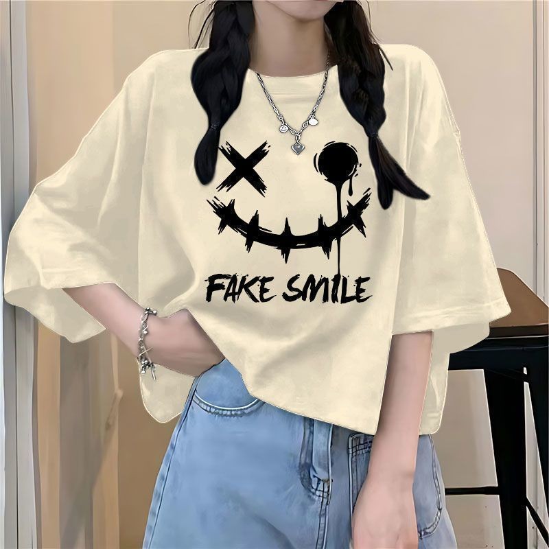 t shirt 2024百搭杏色短款时尚气质甜美短袖印花宽松T恤半袖上衣女  Japanese cartoon short sleeved T-shirt for women, loose and cute, sweet with shoulder sleeves, half sleeved student top 新款