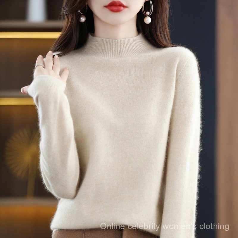 【Online celebrity women's clothing】In Stock Women's Skin Feeling100%Wool Front Line Ready-Made Garments Seamless Autumn and Winter New Short Women's Half Turtleneck Loose Bottoming Knitted Sweater