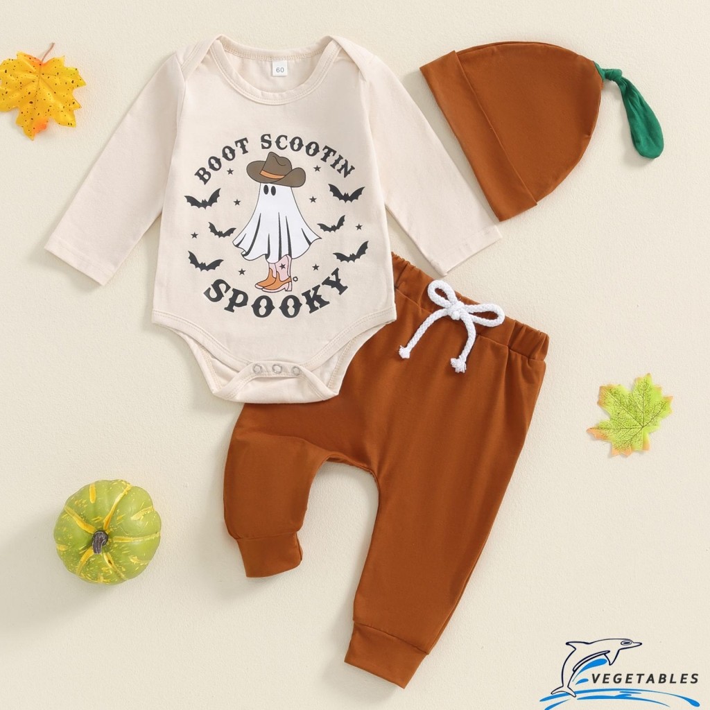 CB-Baby Boy Halloween Outfit Ghost Letter Print Long Sleeve Rompers and Pants Beanie Hat Set Spring 3 Piece Clothes