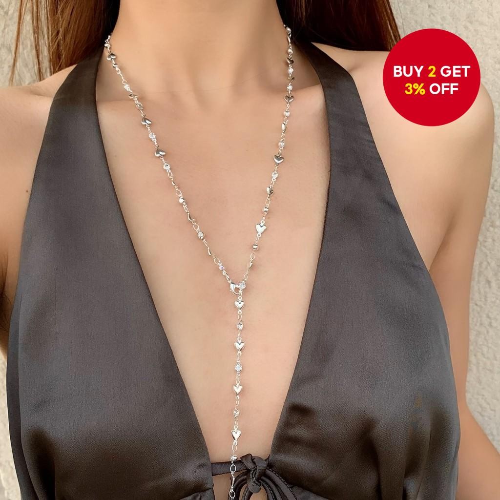 Shiny Heart Pendant Long Necklace for Women Elegant Party Jewelry Trendy Diamond Accent Gift