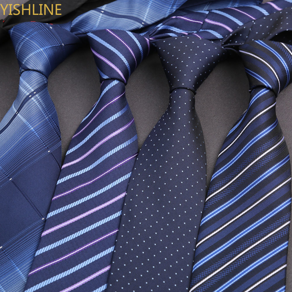 Man Tie 8cm Necktie Navy Blue Strips Plaids Pattern Handmade Necktie For Wedding Party Daily Wear