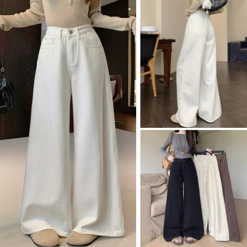 Solid Color High-Waisted Loose Wide-Legged Floor-Length Pants, New High-Street Fashion Button-Detail Versatile Jeans