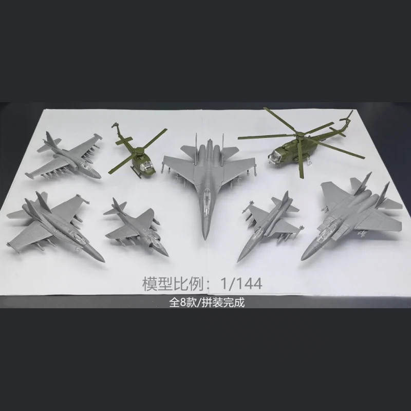 1/144 Scale 8 Styles Airplane Assembly Model AV-8A F-5E F15 F/A-18 UH1H MI8 SU25 J16 Fighter Military Ornament Mini Plastic Toy, with Base,Paintable